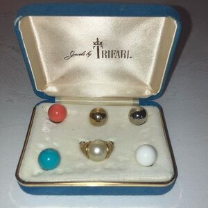 Trifari Gold Ring Set with Red, Turquoise, and White Accents